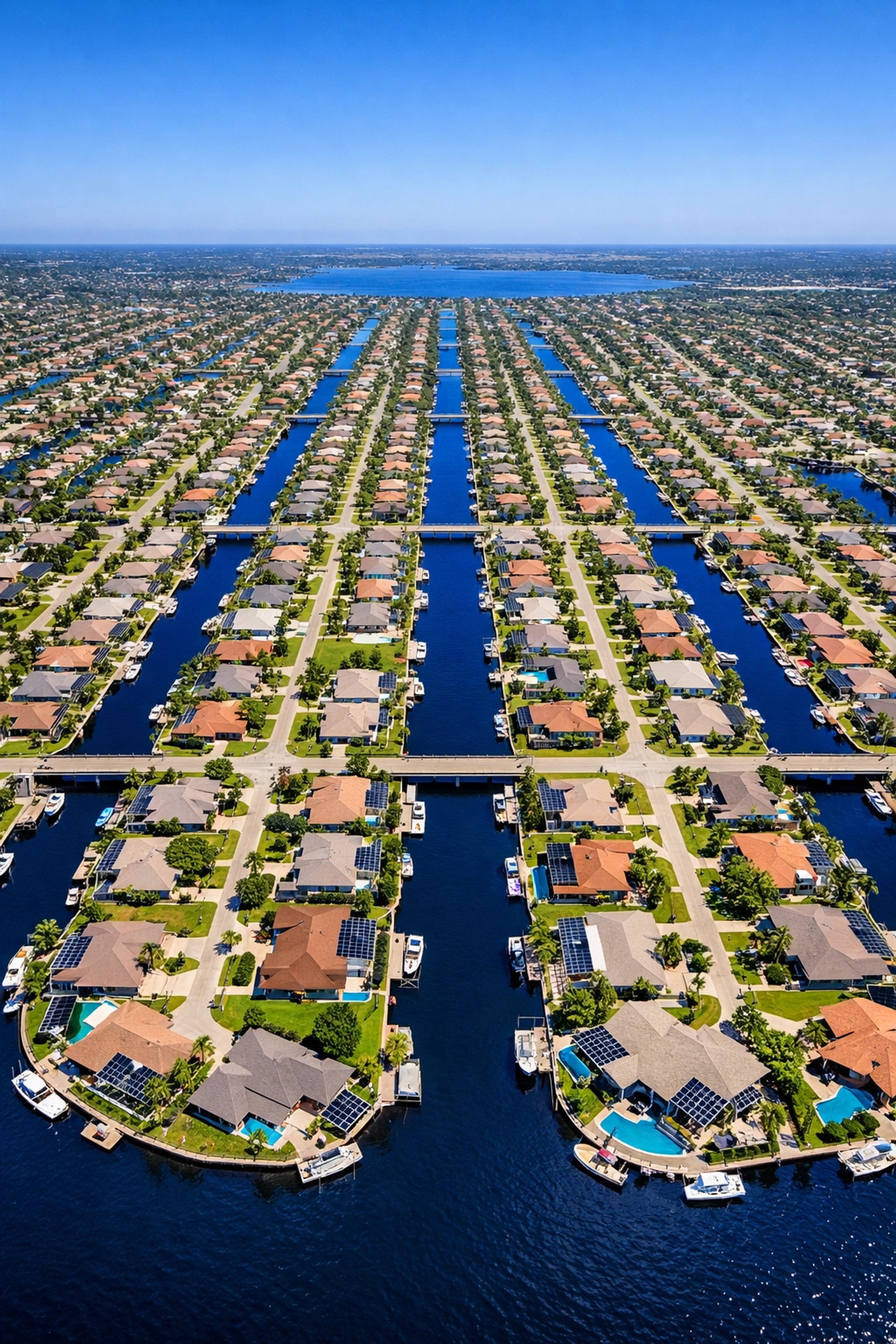 Aerial drone view of the intricate Cape Coral canal system grid featuring various SWFL waterfront homes.