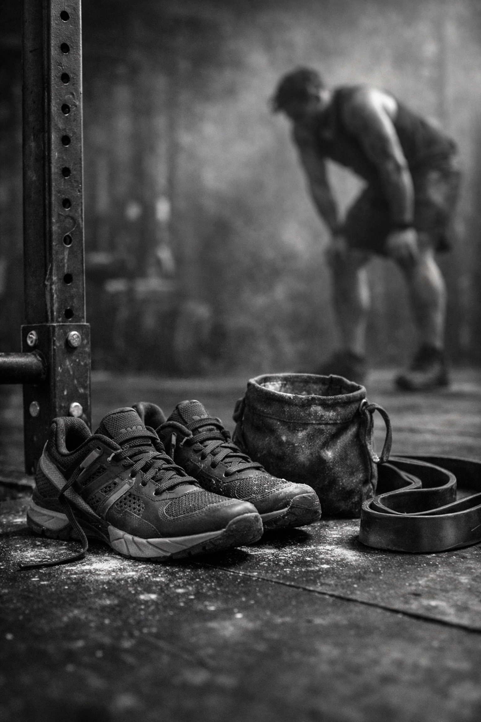 Home gym equipment and resistance bands at the base of a floor to ceiling gym rail.