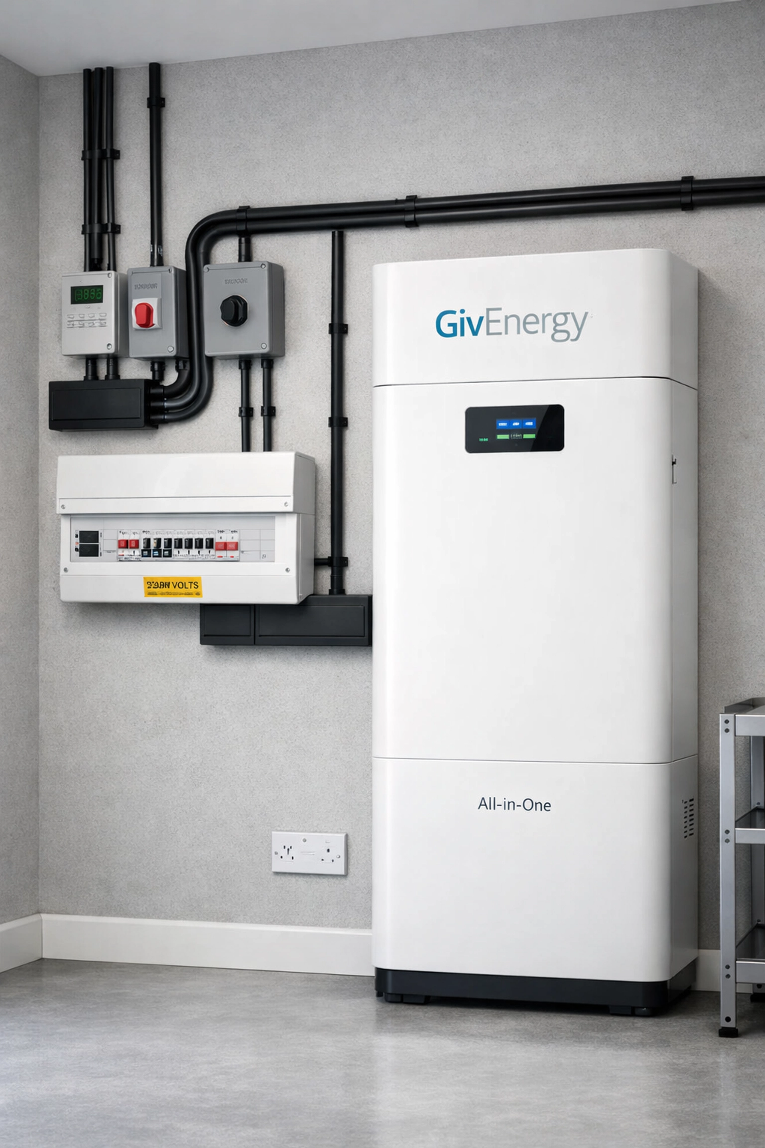 Expertly installed GivEnergy All-in-One solar battery system with neat electrical wiring in a UK home.