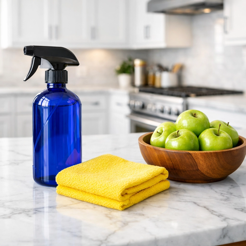 Eco-friendly products on a clean marble counter highlighting why Groton chooses The Cleaning Ninjas for a healthy home.