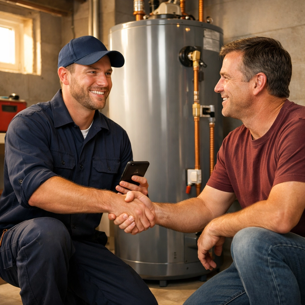 Plumber shaking hands with satisfied customer while sending review request on smartphone after job completion