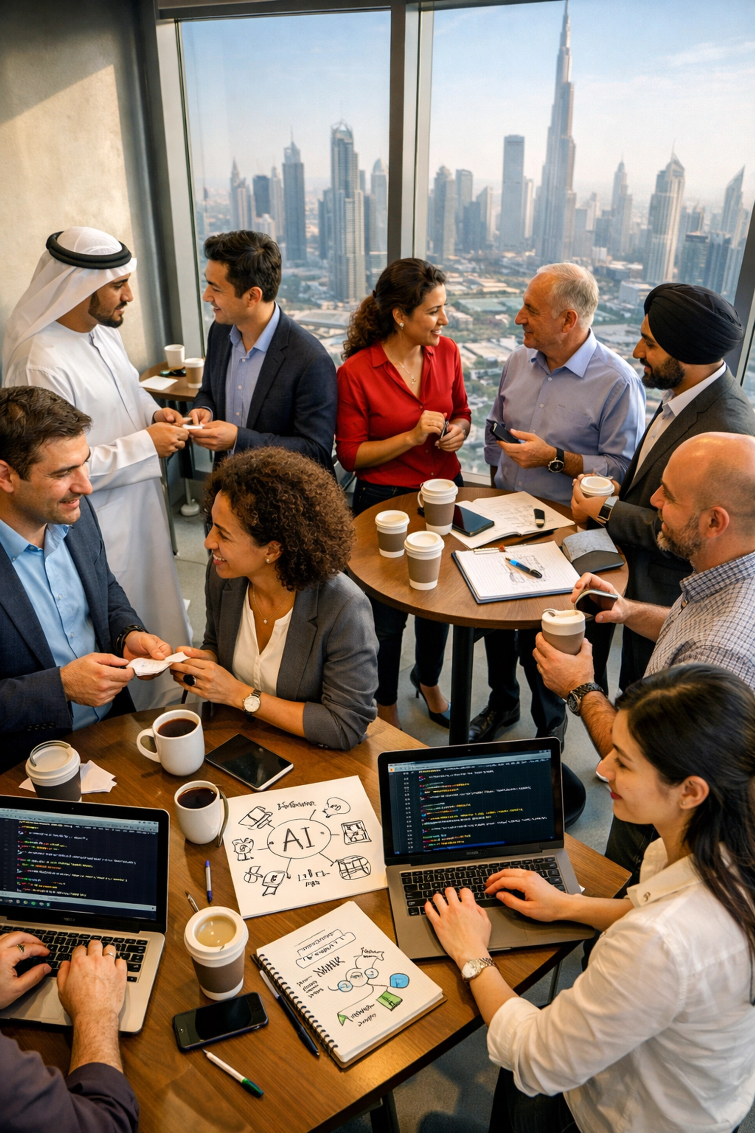 Professionals networking during AI course break in Dubai with skyline view and collaborative learning