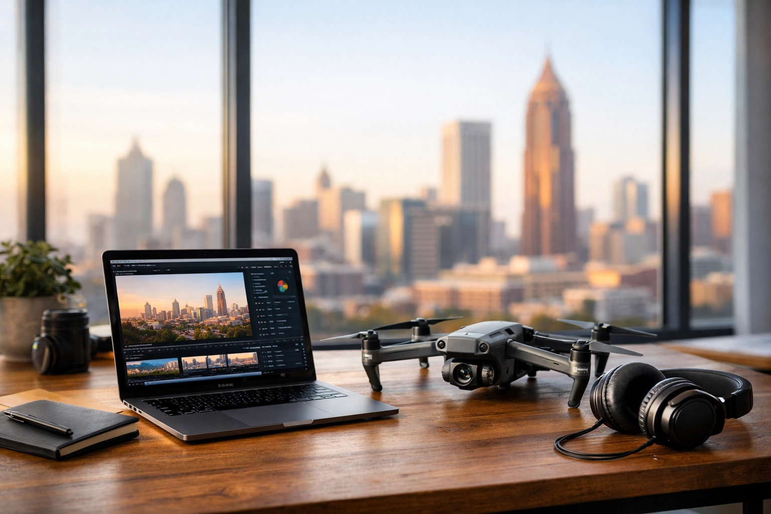 Modern Atlanta workspace with a drone and laptop for high-end commercial and event photography work.
