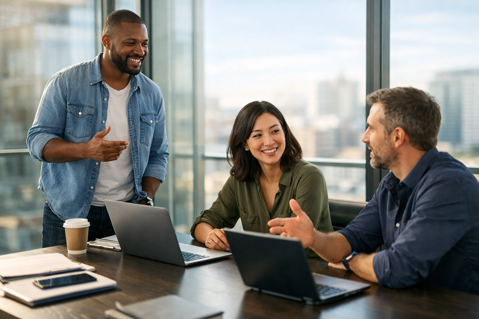 IT consultants discussing ServiceNow implementation and ITOM strategies in a modern office.