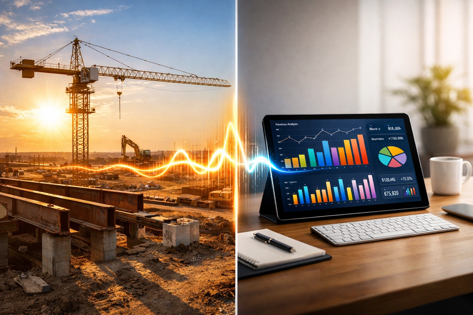 North Texas construction site linked to a digital payroll dashboard for real-time labor cost data and compliance.