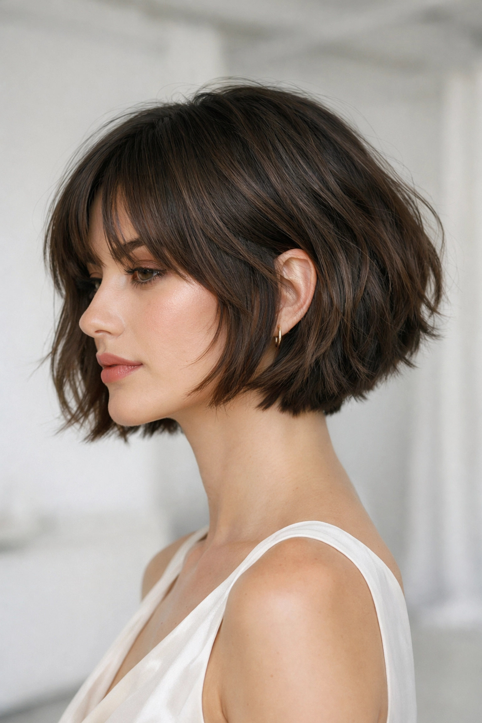 Modern French bob haircut with soft curtain bangs, a precision style from our Concord hair salon.