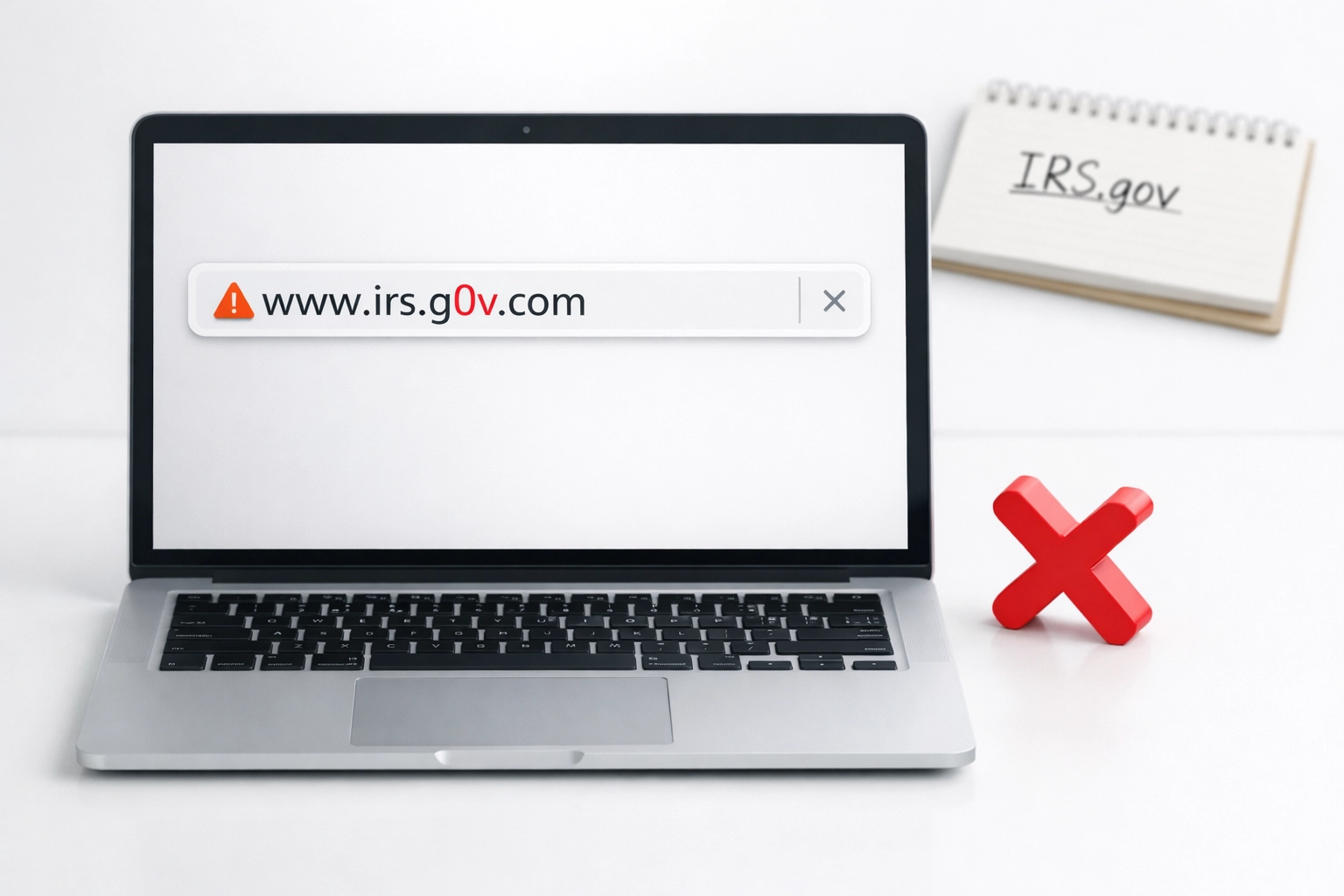 Laptop displaying fake website URL with warning symbol for identifying tax scam websites