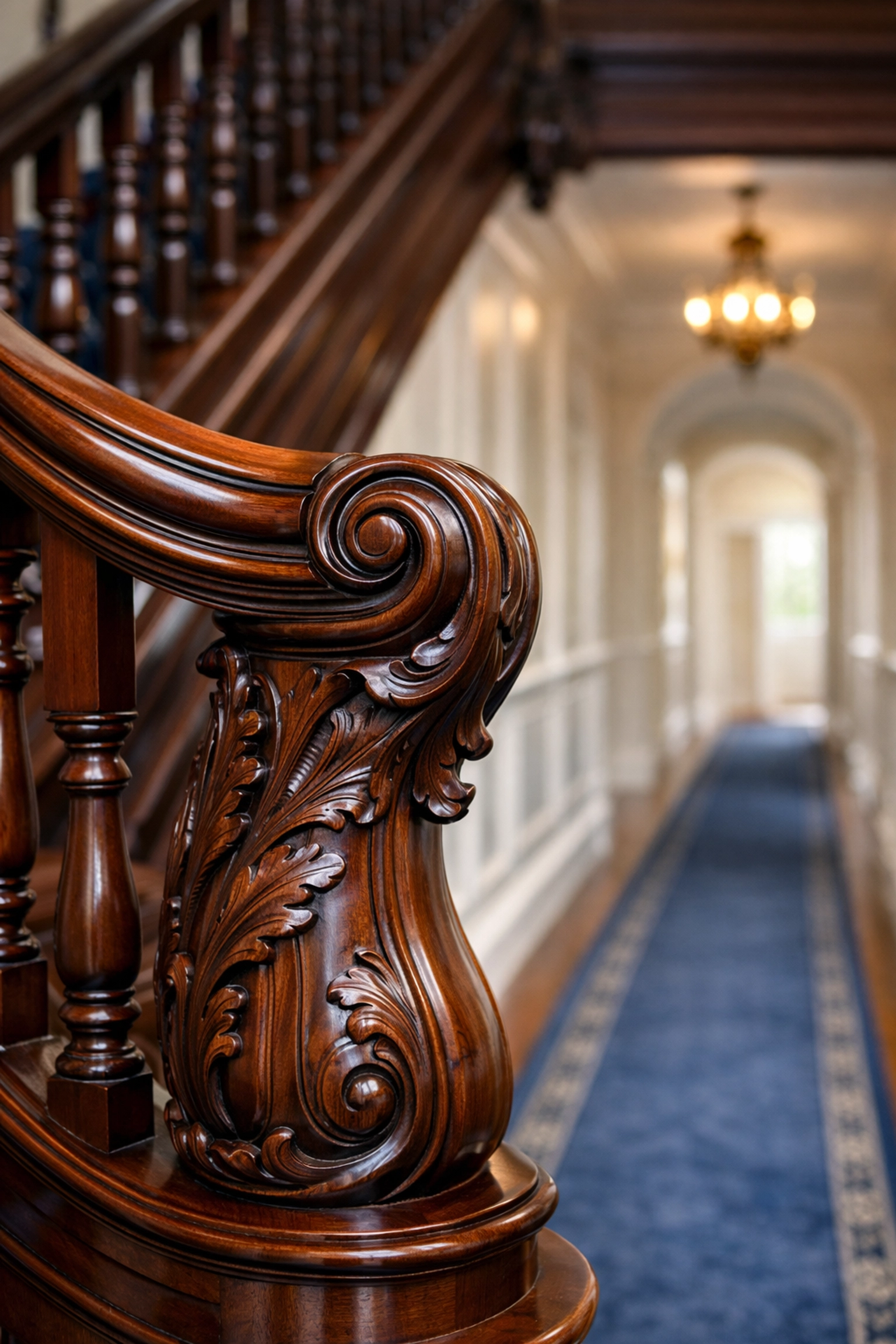 Polished mahogany staircase and banister in a luxury Weston property after professional cleaning.