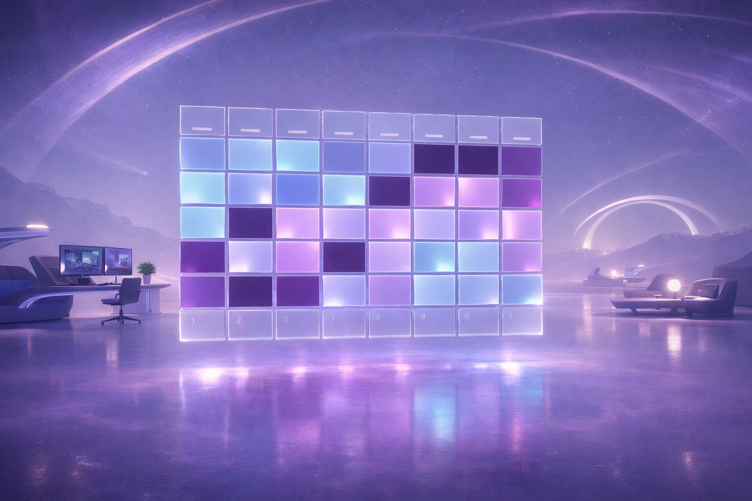 A glowing blue and purple calendar grid providing visual order and mental space.