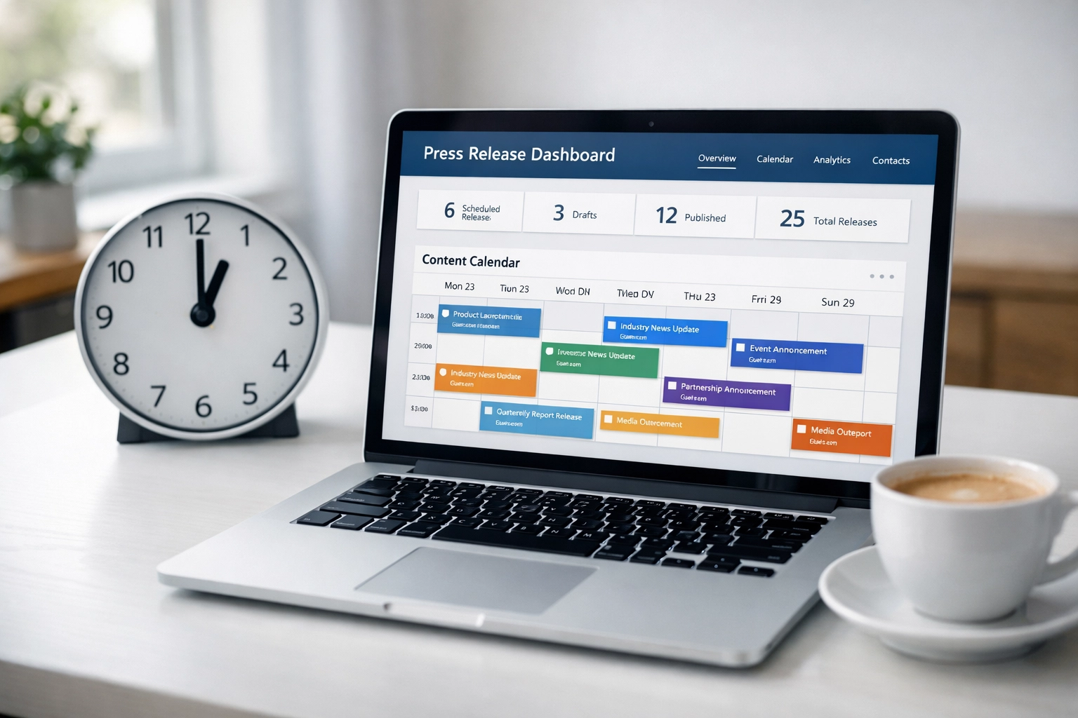Automated press release dashboard showing 1PM scheduled content calendar for daily media distribution