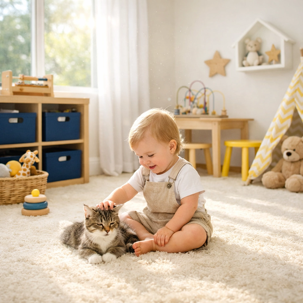 Toddler and cat in a clean, allergen-free nursery maintained with pet-safe bi-weekly house cleaning.