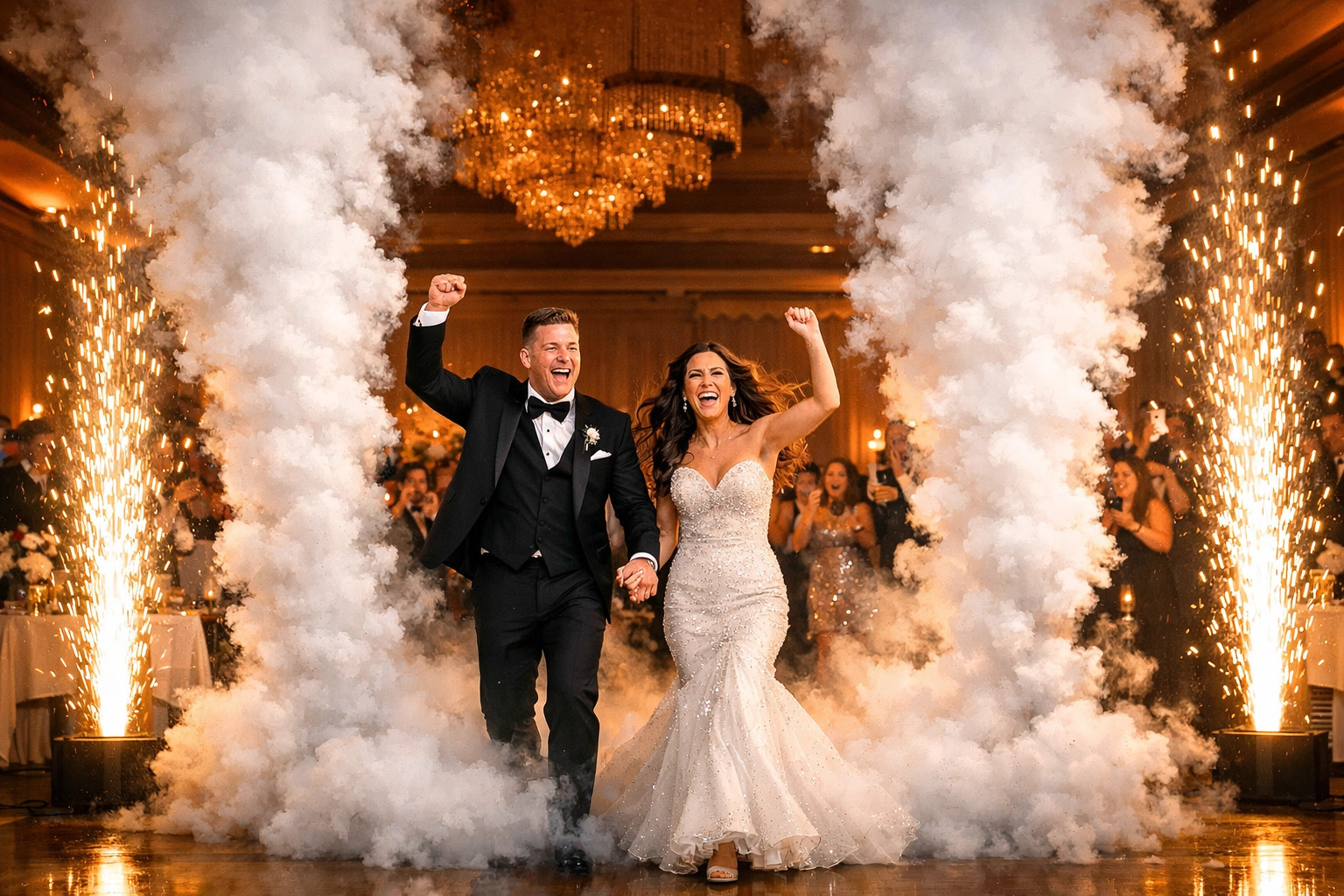 Bride and groom grand entrance featuring dramatic CO2 cannon plumes and indoor cold spark effects.