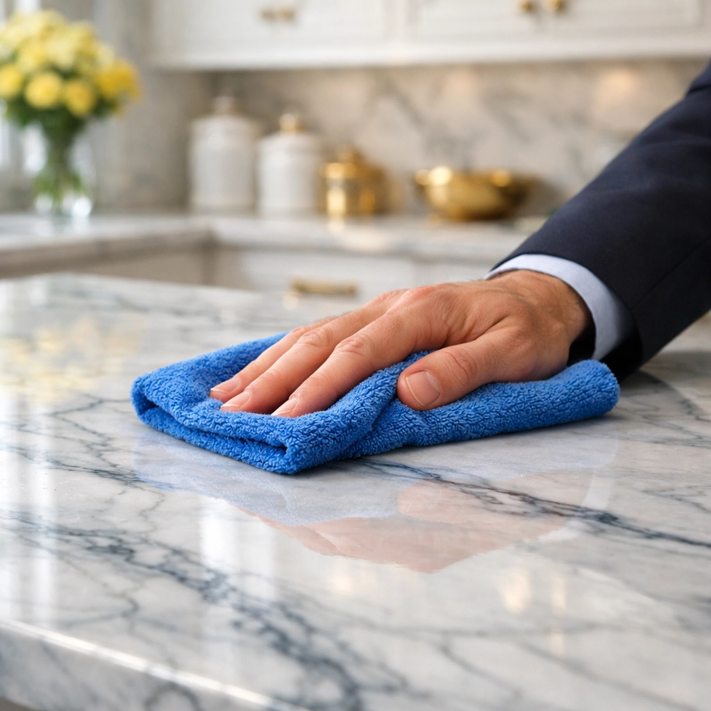 Professional marble countertop polishing during premium post-construction cleaning services in Wellesley, MA.