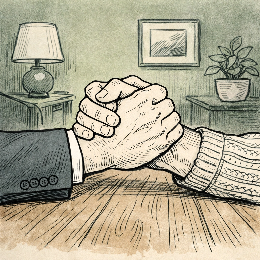 Two gay men holding hands over a table, symbolizing emotional support and life transitions in MM romance.