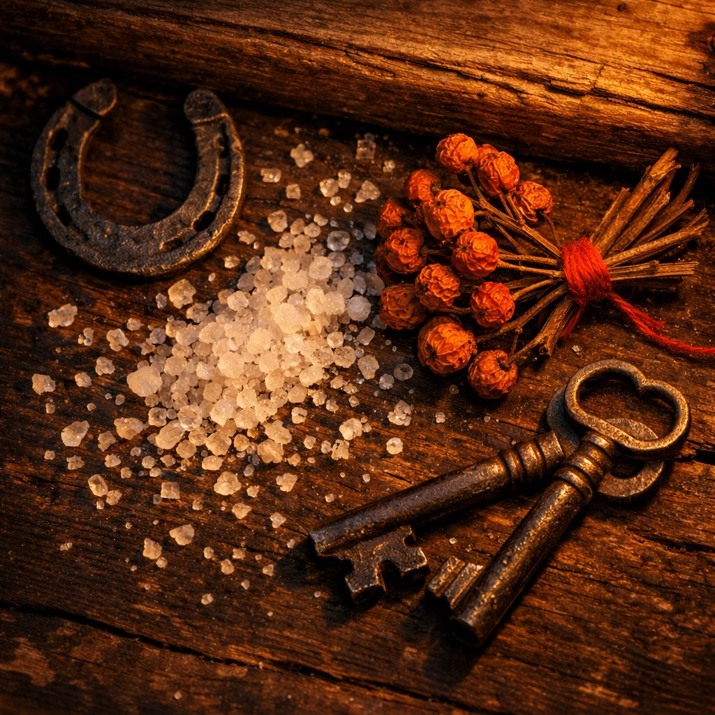 Folk magic protection items on wooden threshold: iron horseshoe, salt, rowan berries, and keys