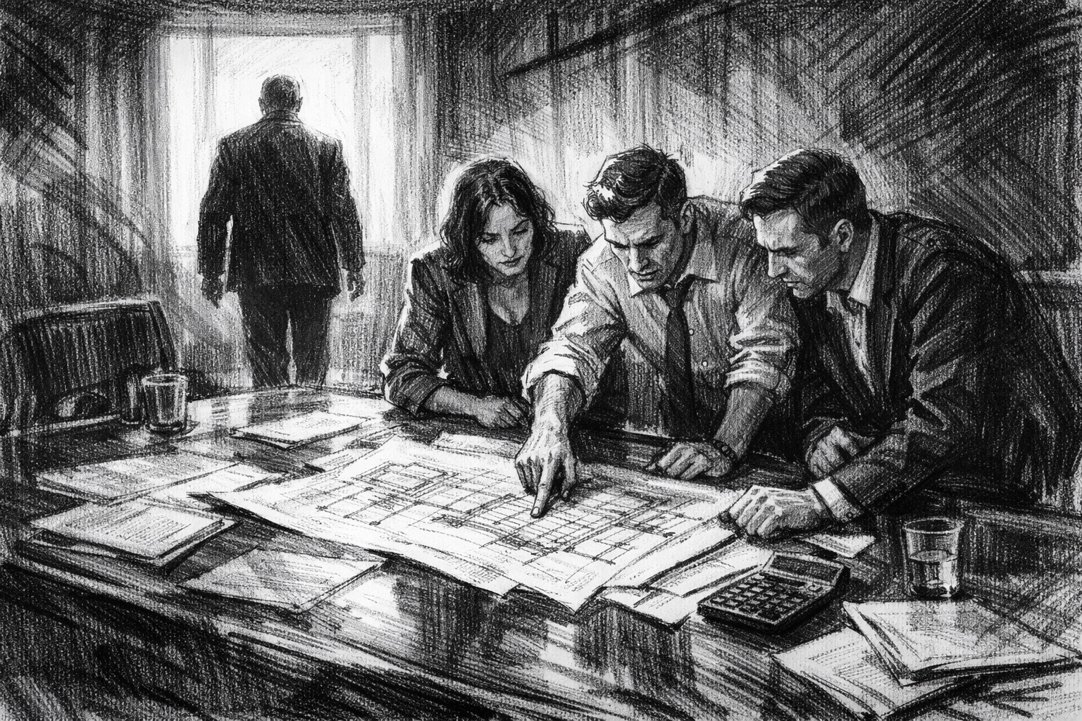 Charcoal sketch of a business owner transitioning leadership to a management team for an internal buyout.
