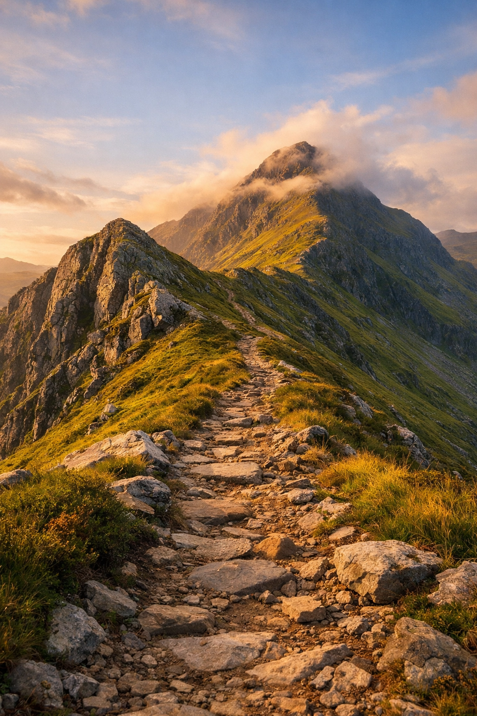 A rugged mountain ridge path in the UK highlands during golden hour, perfect for guided hiking tours.