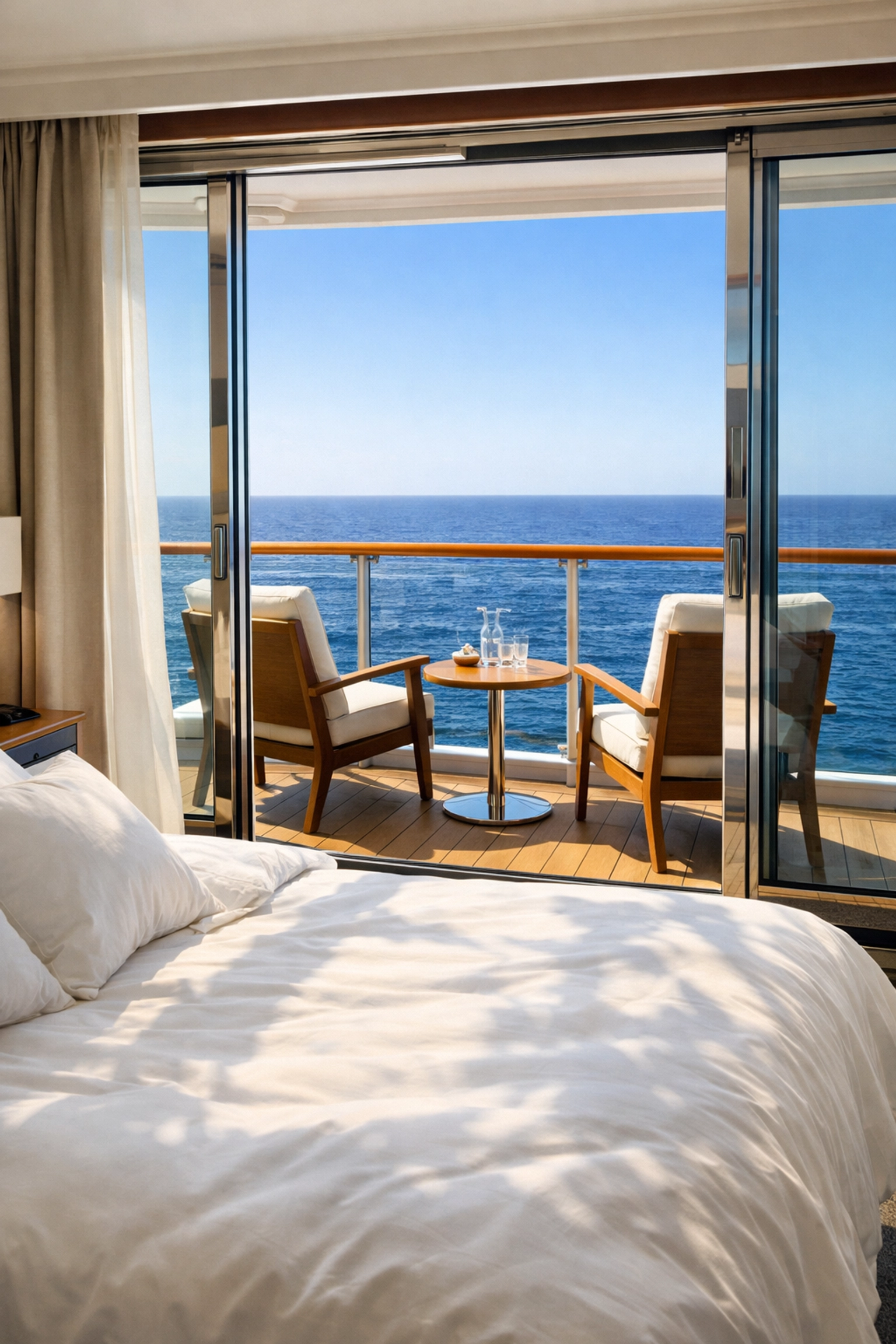 Modern cruise ship balcony cabin with a stunning ocean view, ideal for a relaxing travel experience.