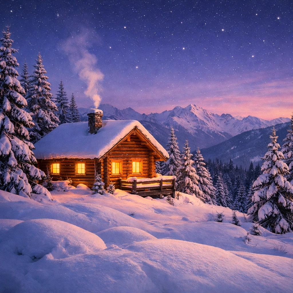 Romantic secluded cabin nestled in snowy mountains at dusk
