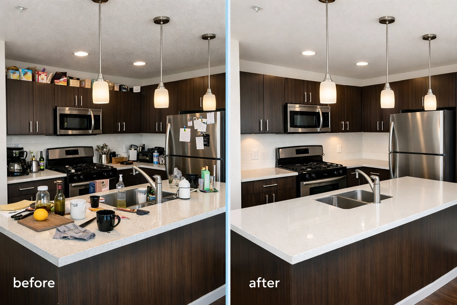 Before and after comparison of apartment kitchen showing results of professional turnover cleaning