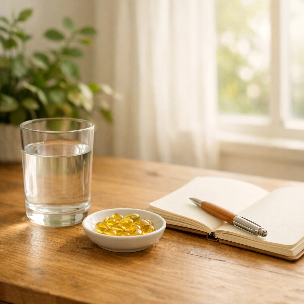 Daily omega-3 supplement routine with water and journal for consistent brain health support
