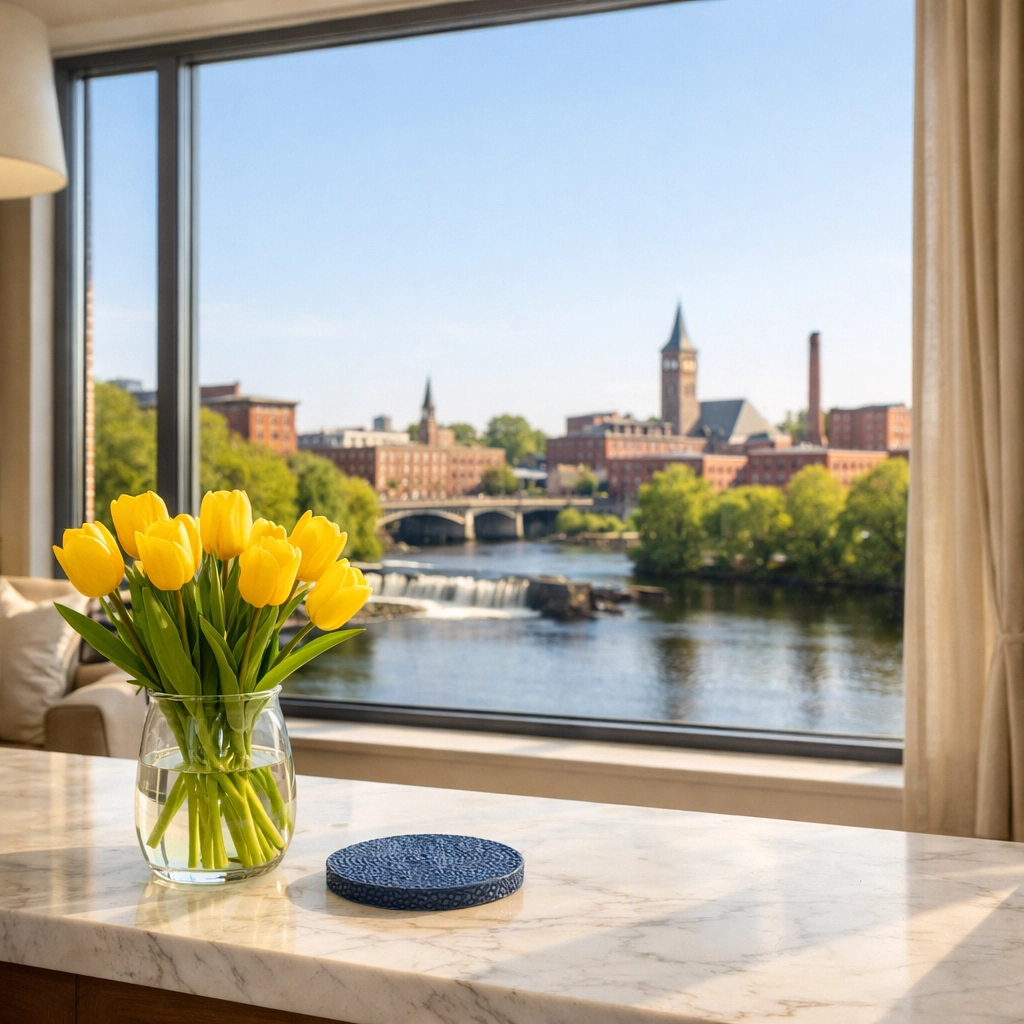 Pristine Lowell apartment interior with a peaceful view of the Merrimack River and city skyline.