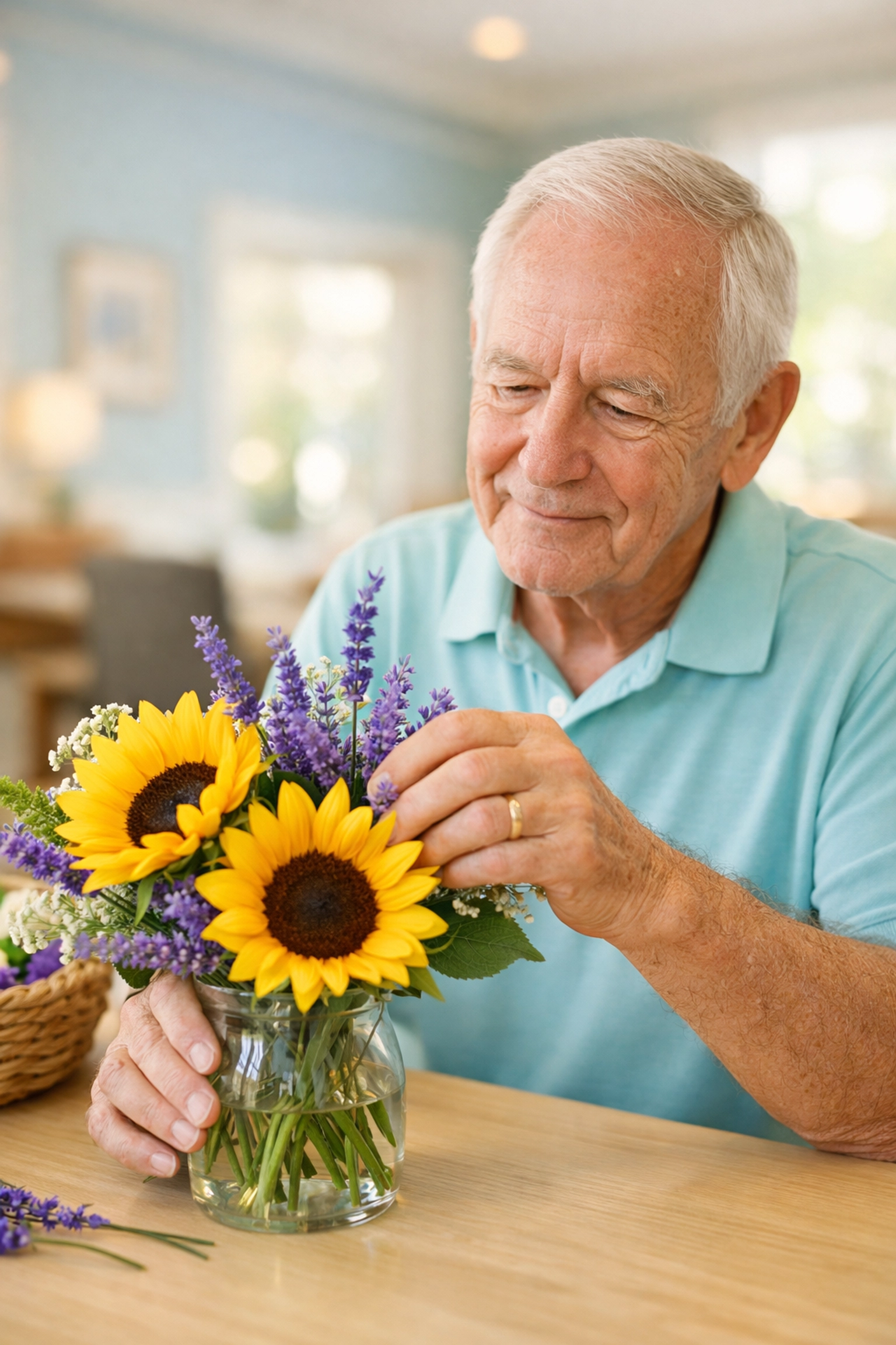 A senior man engaging in flower arranging at a specialized memory care facility in Sarasota.