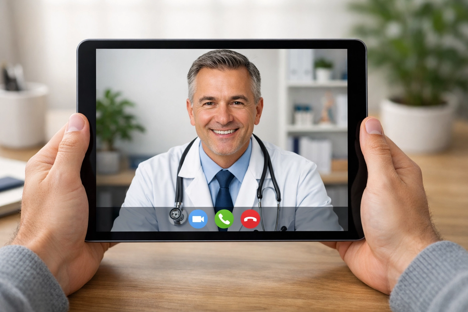 A patient using a tablet for a telemedicine consultation with an online weight loss doctor.