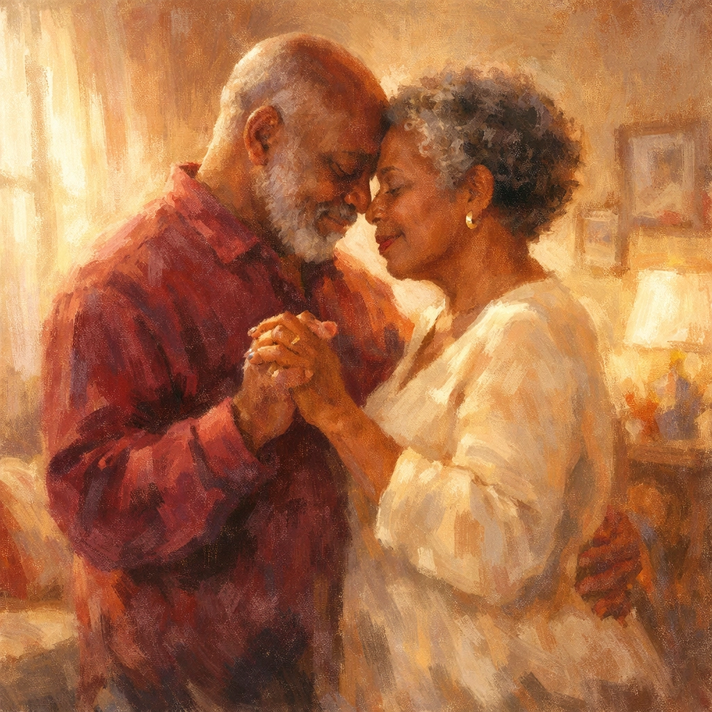Mature Black couple dancing intimately at home, demonstrating emotional vulnerability