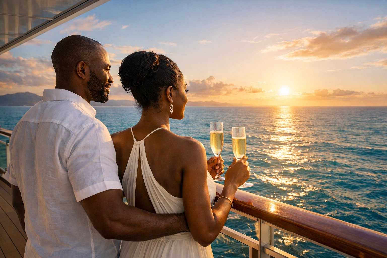 Happy couple enjoying a luxury cruise balcony after their successful travel consultation.