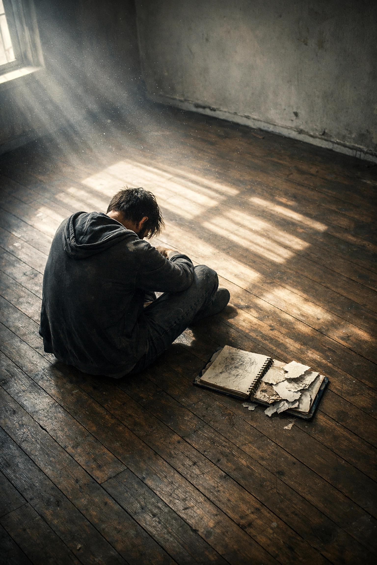 A lonely man sitting in an empty apartment after losing his home and partner to drug addiction.