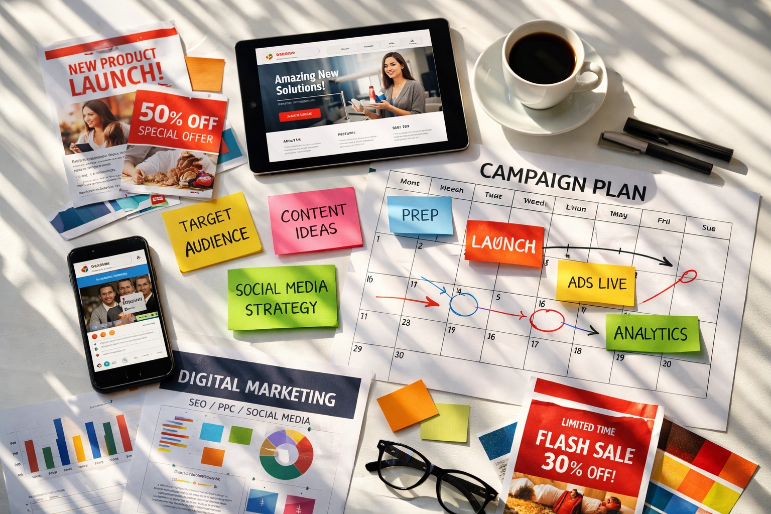 Multi-channel marketing campaign materials including digital and print advertising touchpoints