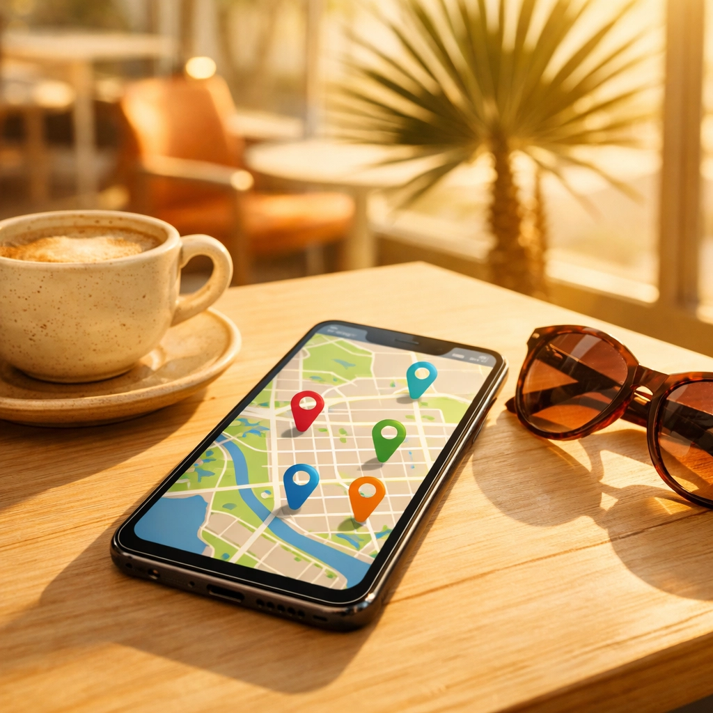 Smartphone in a Palm Springs cafe showing a digital map with local business location pins.