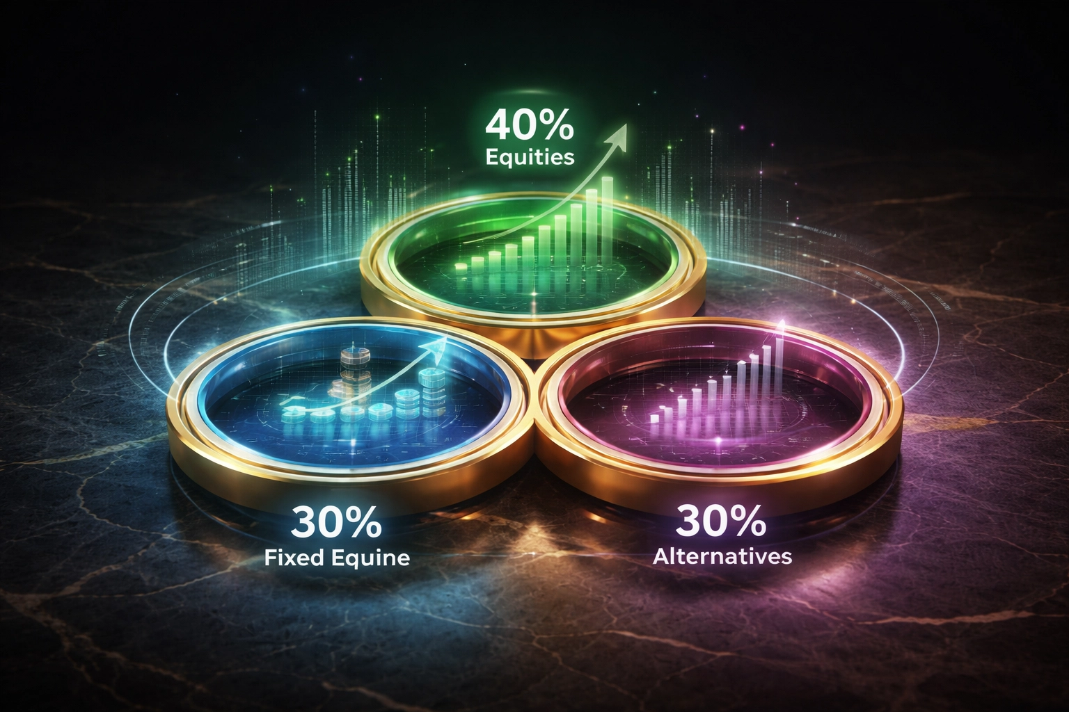 Visual of three interconnected rings representing the 40/30/30 investment portfolio allocation, highlighting diversification benefits.