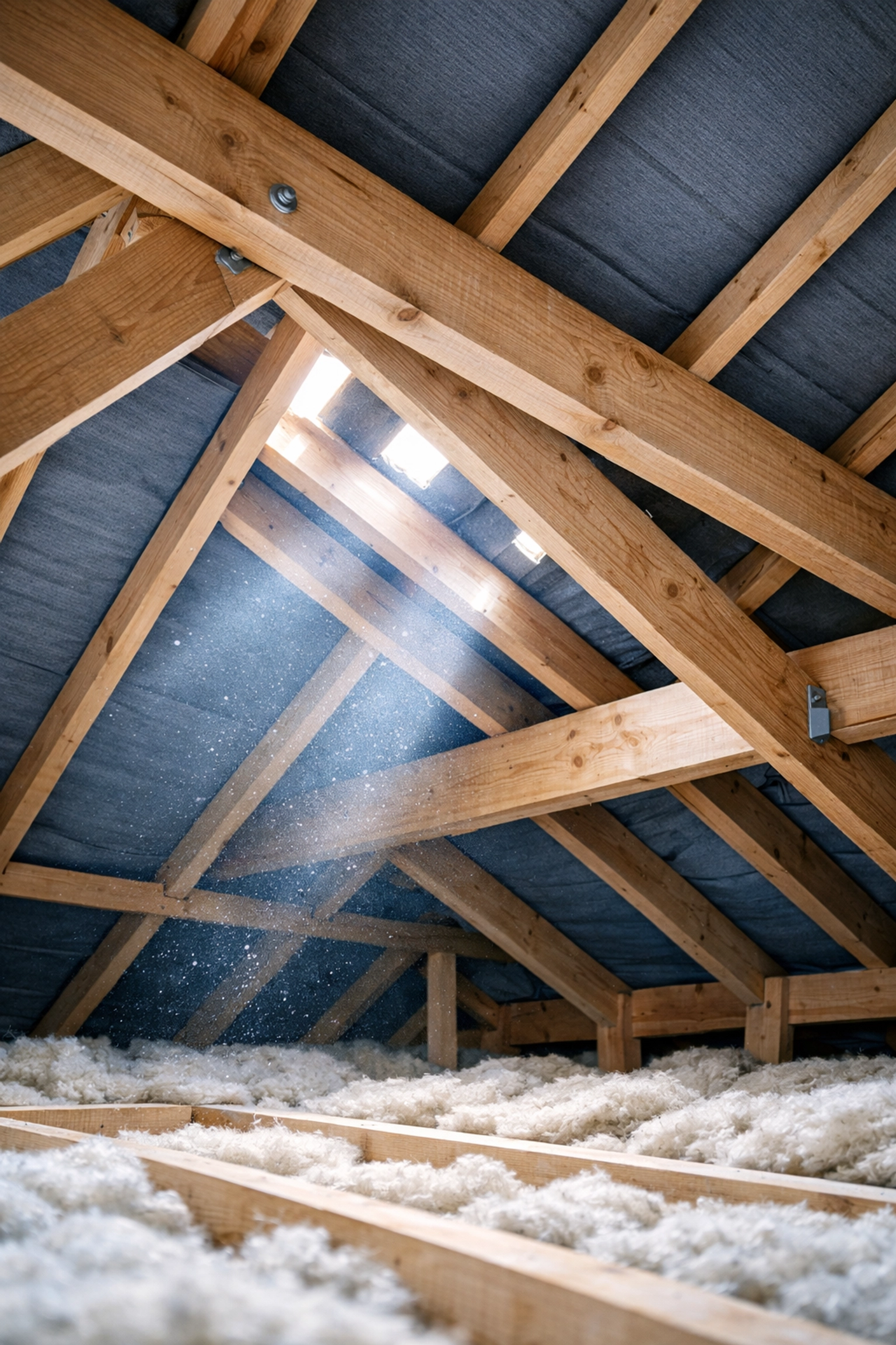 Interior loft inspection showing roof timber beams and insulation during survey