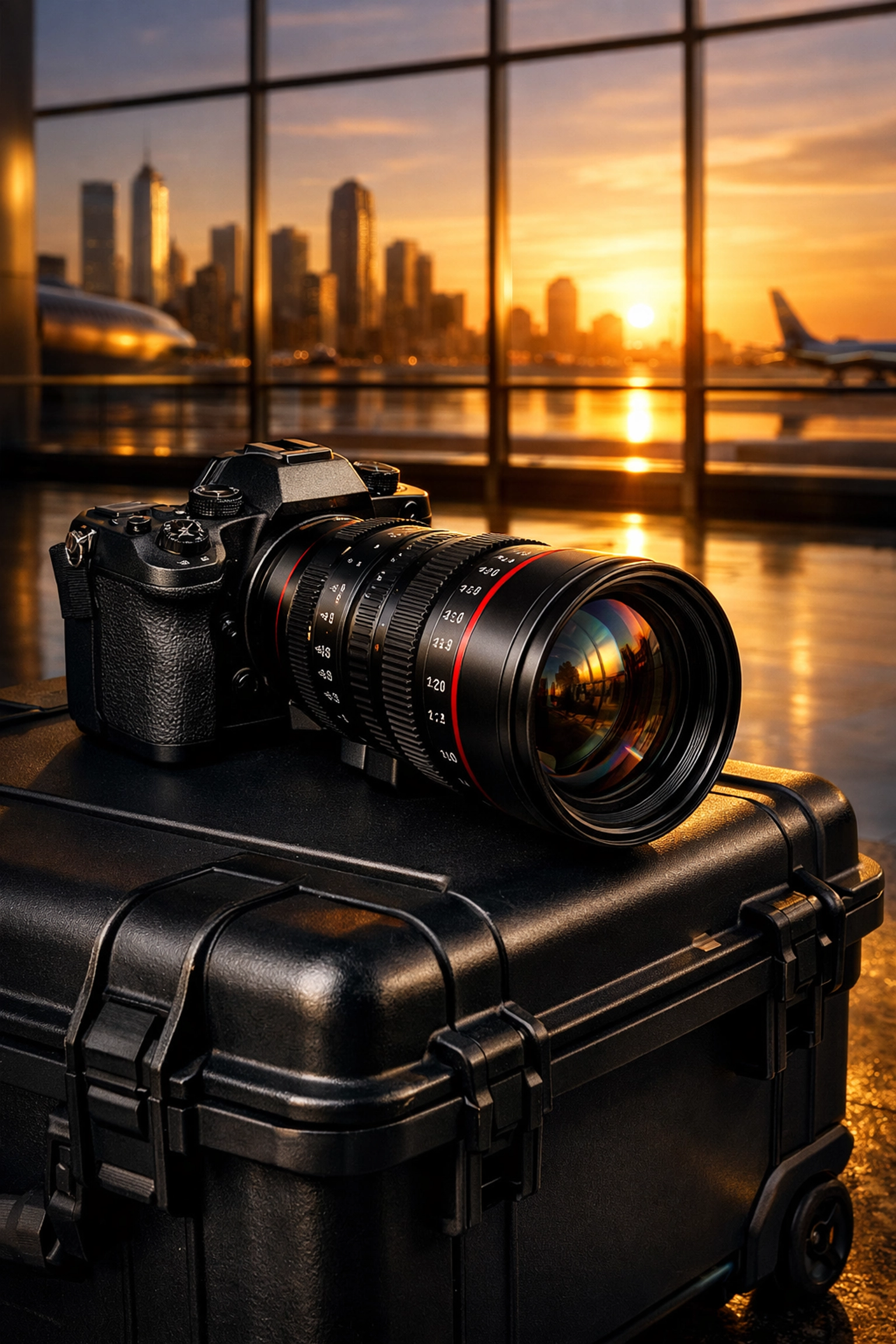Professional camera on equipment case in an airport, symbolizing no travel fees for commercial photography.