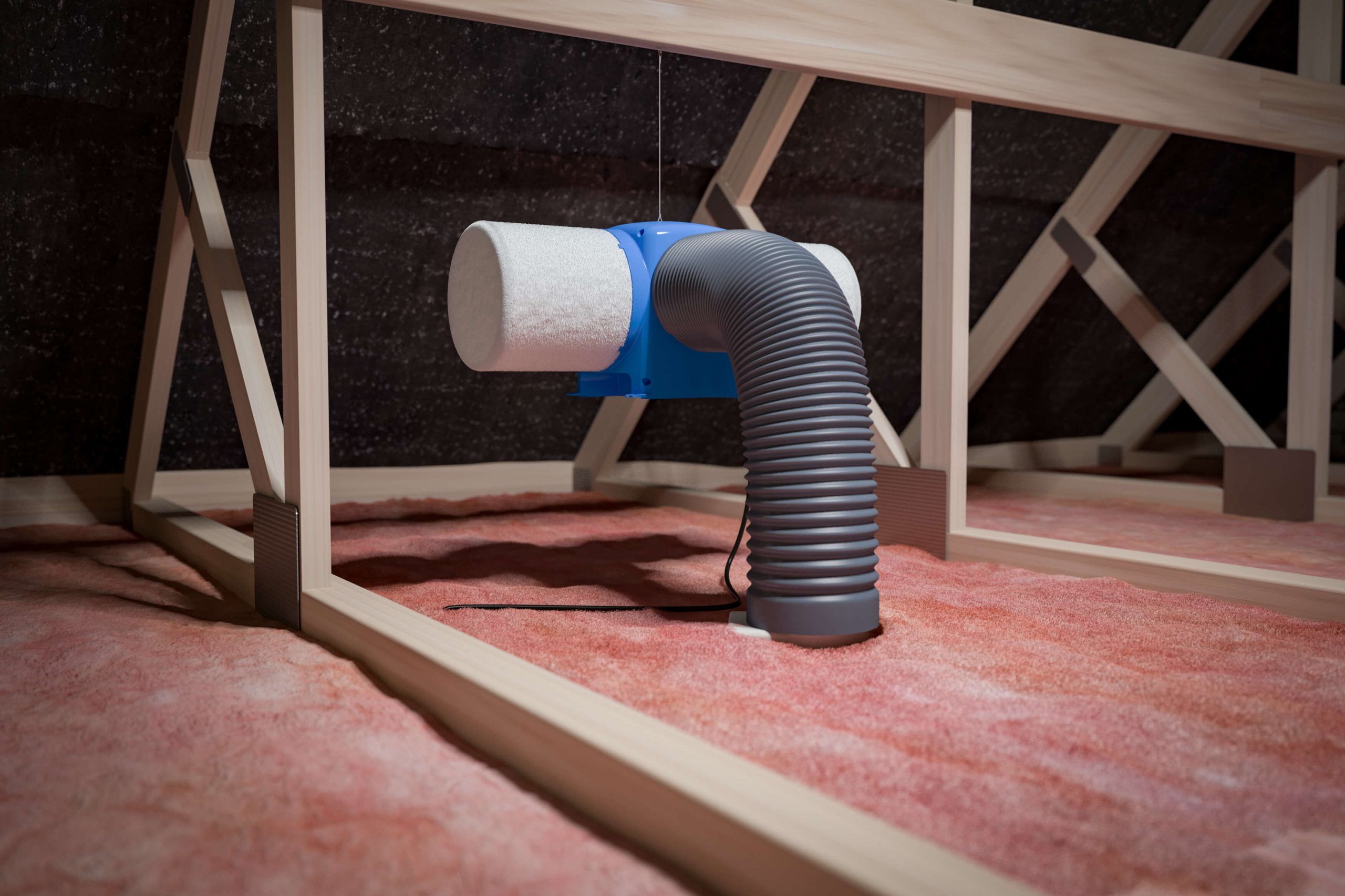 Positive Input Ventilation (PIV) unit professionally installed in a loft space Shown with insulated flooring and timber supports, this system combats mould, damp, and condensation by improving indoor air quality in residential properties. Part of Dorset Electrical Solutions' specialist ventilation services.