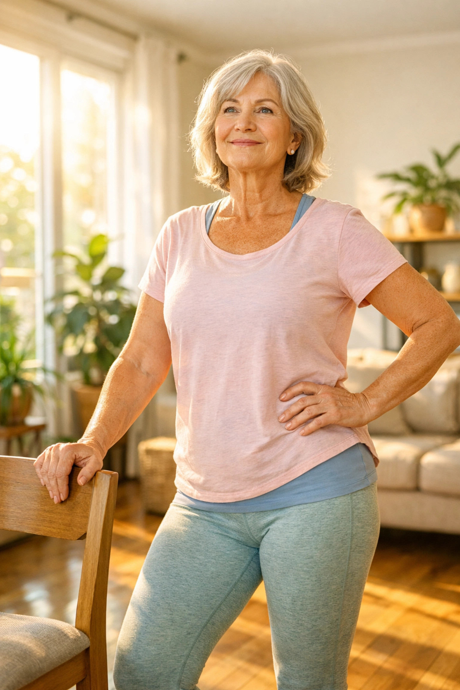 Senior woman practicing balance exercise with chair support at home