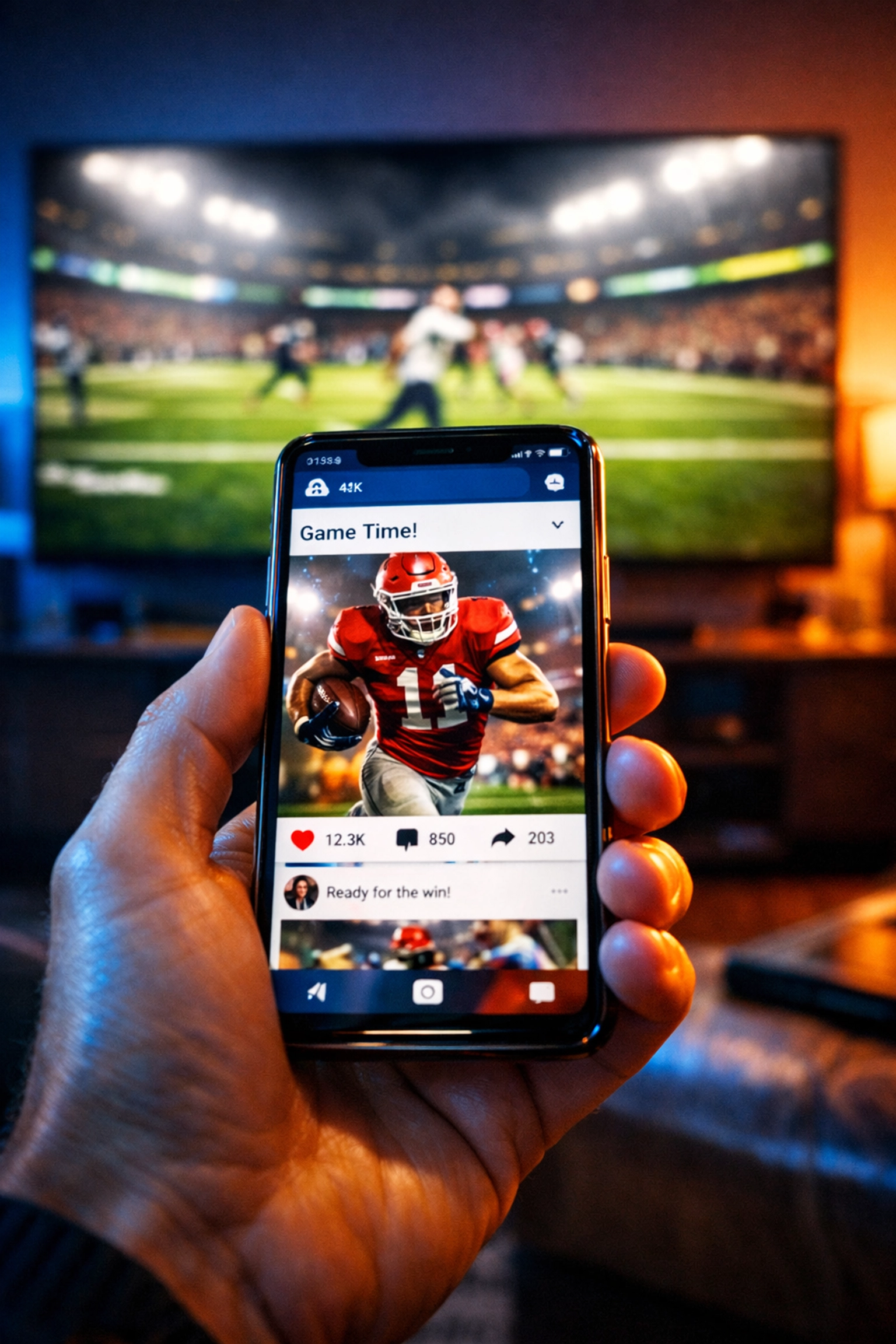 A sports fan using a smartphone to engage with athlete social media content during a major football game.