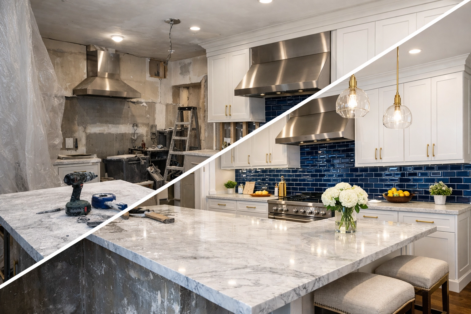 Before and after transformation of a luxury Boston kitchen following professional post-construction cleaning.