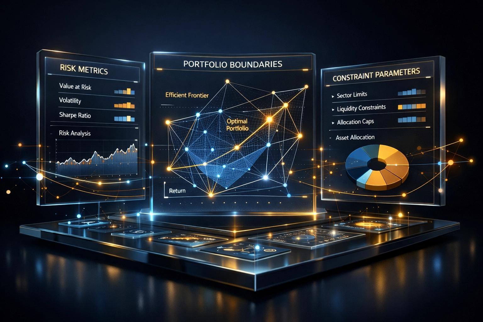 Financial dashboard displaying portfolio risk metrics and asset allocation framework