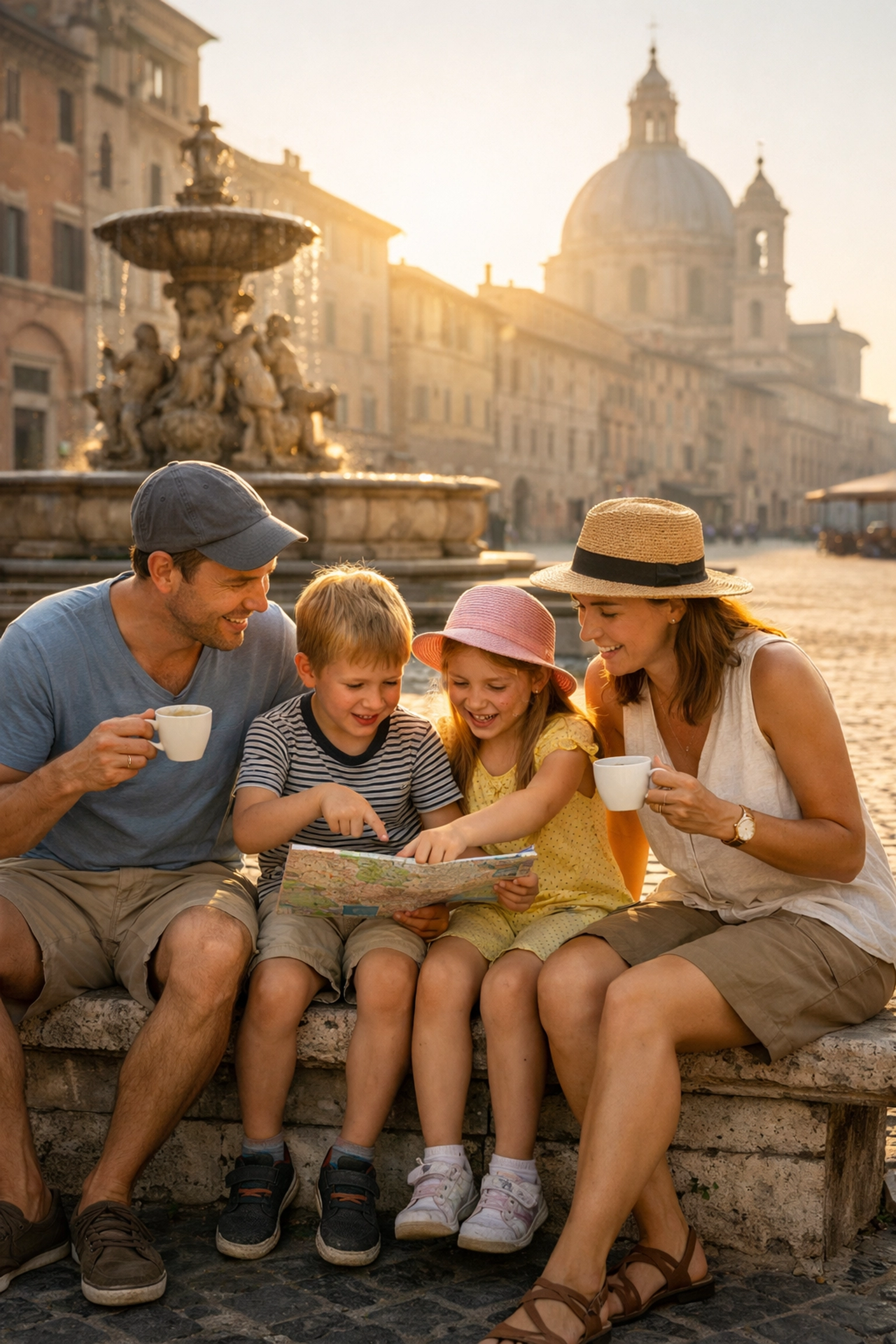 Family enjoying a quiet Italian piazza in the morning, finding the best photography locations without crowds.