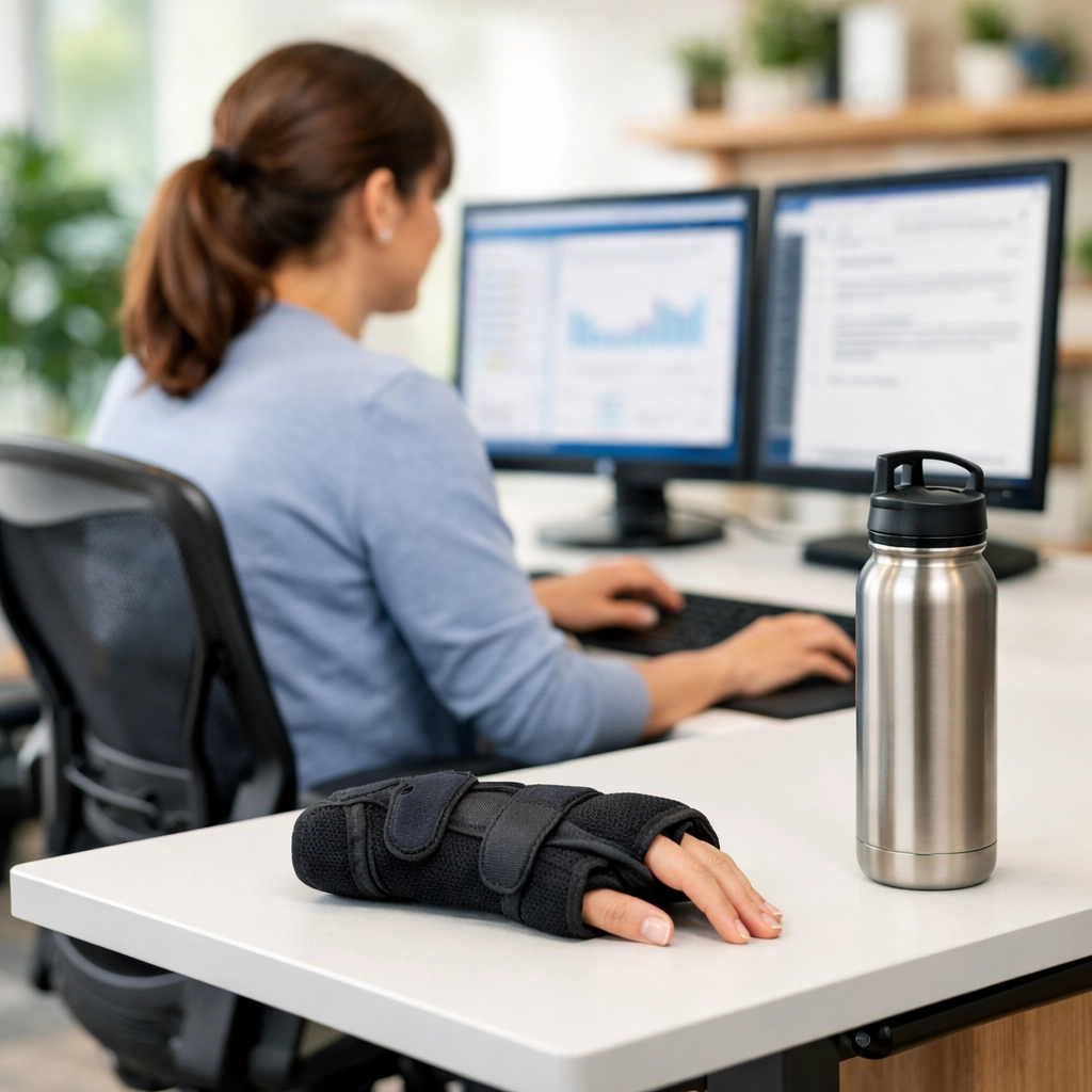 Employee performing light-duty work at an ergonomic desk as part of a Washington L&I return-to-work program.