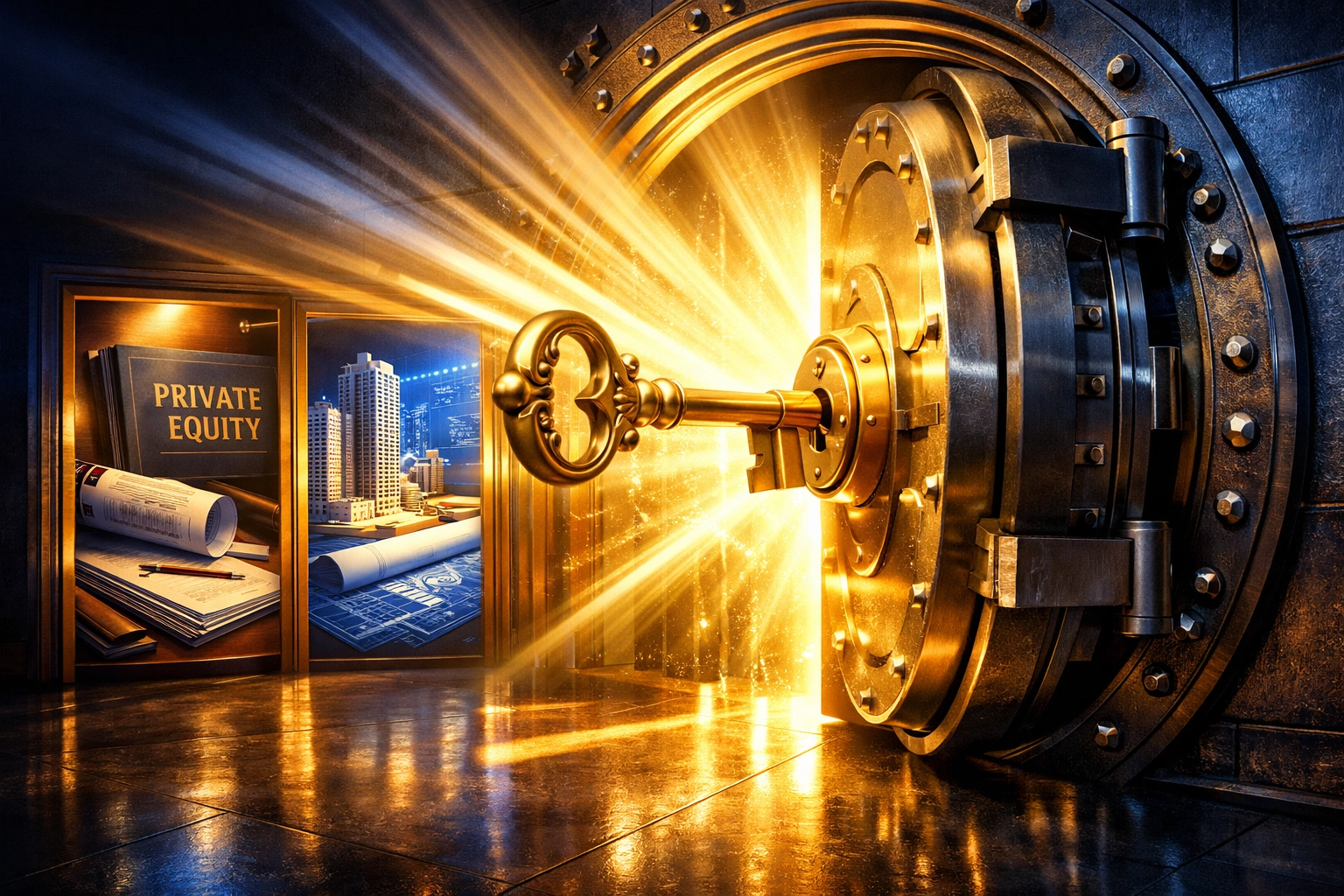 Golden key unlocking vault revealing private equity and alternative investment opportunities for accredited investors