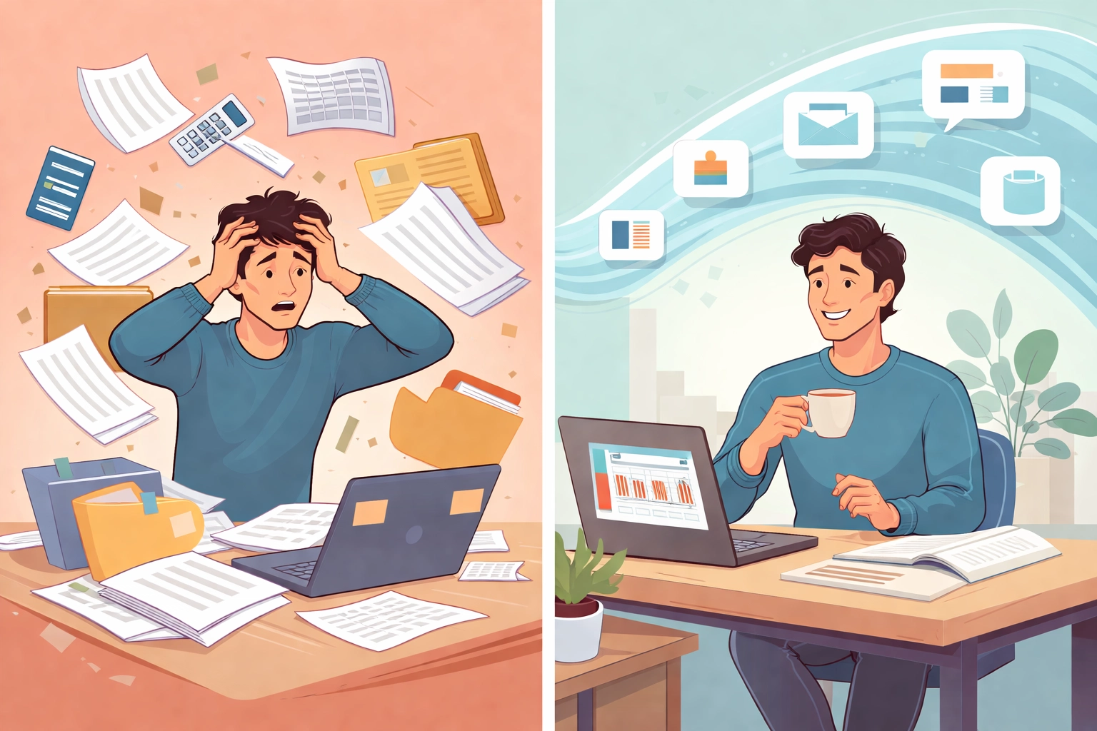 Split scene of overwhelmed worker with messy paperwork and another relaxed with integrated workflows, illustrating unified business tools.