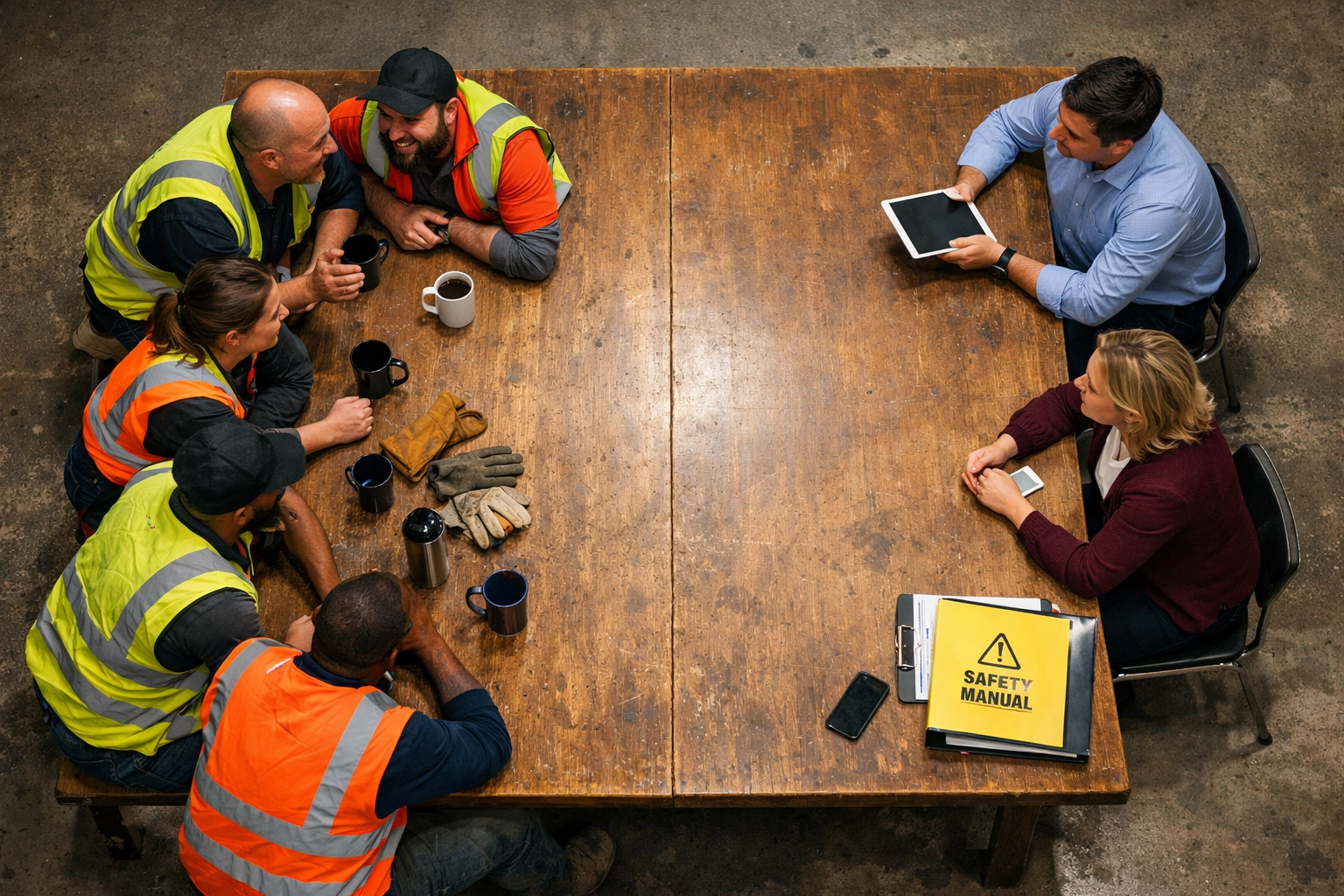 Warehouse workers and management sitting separately at break table illustrating us vs them mentality