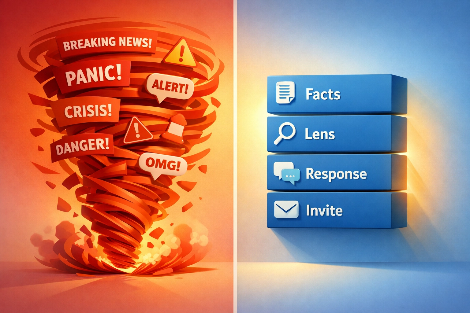 Visual transformation from chaotic news headlines to organized four-part structure with clarity