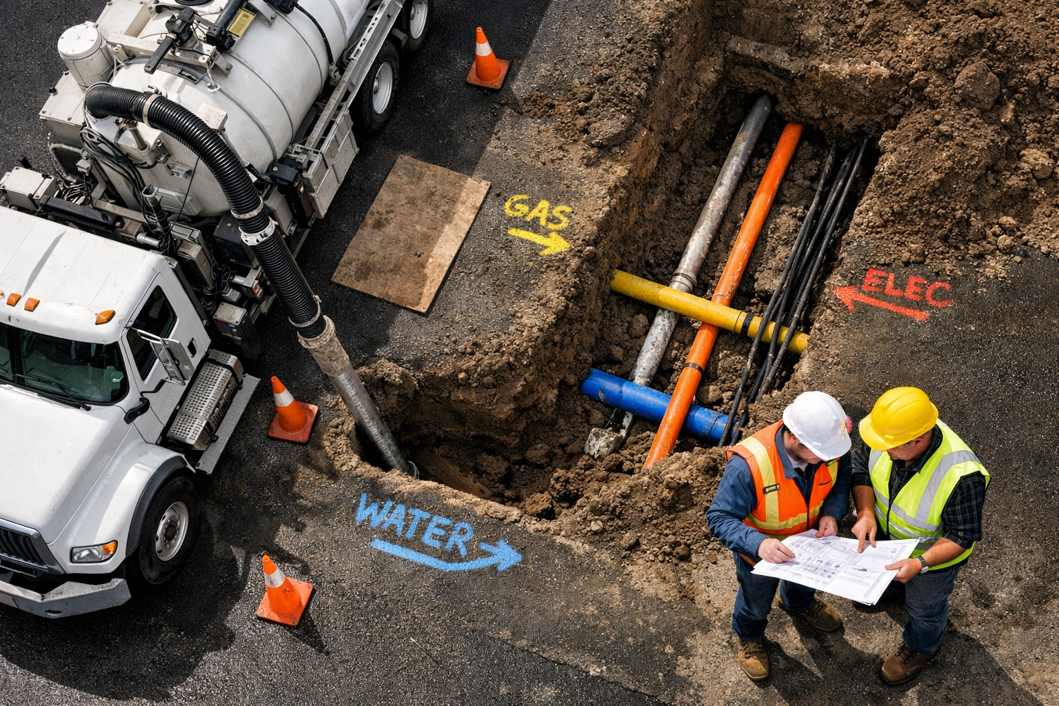 Overhead view of hydrovac truck crew performing precise excavation near underground utilities