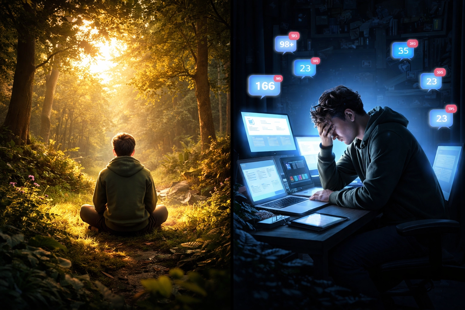 Split image of a relaxed person in nature versus stressed individual at multiple screens, contrasting digital exhaustion with natural restoration.