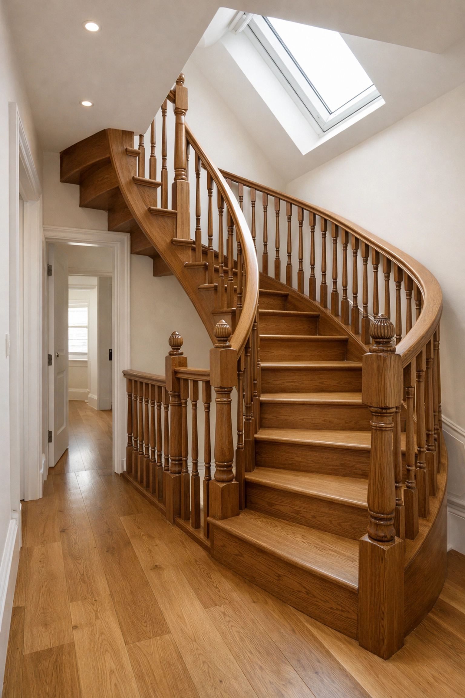 Interior staircase and bright landing of a high-quality loft conversion in East London.